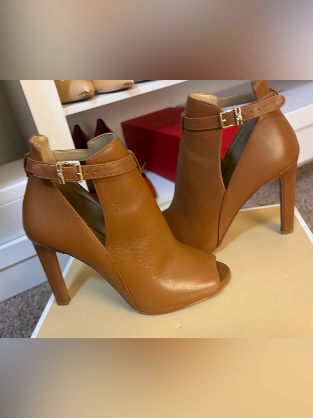 Michael Kors Light Brown Leather Open-Toe Ankle Heel Booties Boots (Nordstrom)